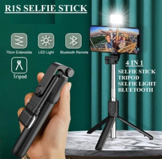 Best 4 in 1 Wireless Selfie Stick R1S (With Light ) R1 (Without Light) Tripod with Bluetooth Shutter selfie Light foldable Selfie stick for all Phone Extendable 70CM